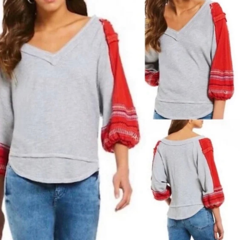 We The Free Gray and Red Long Sleeve Top